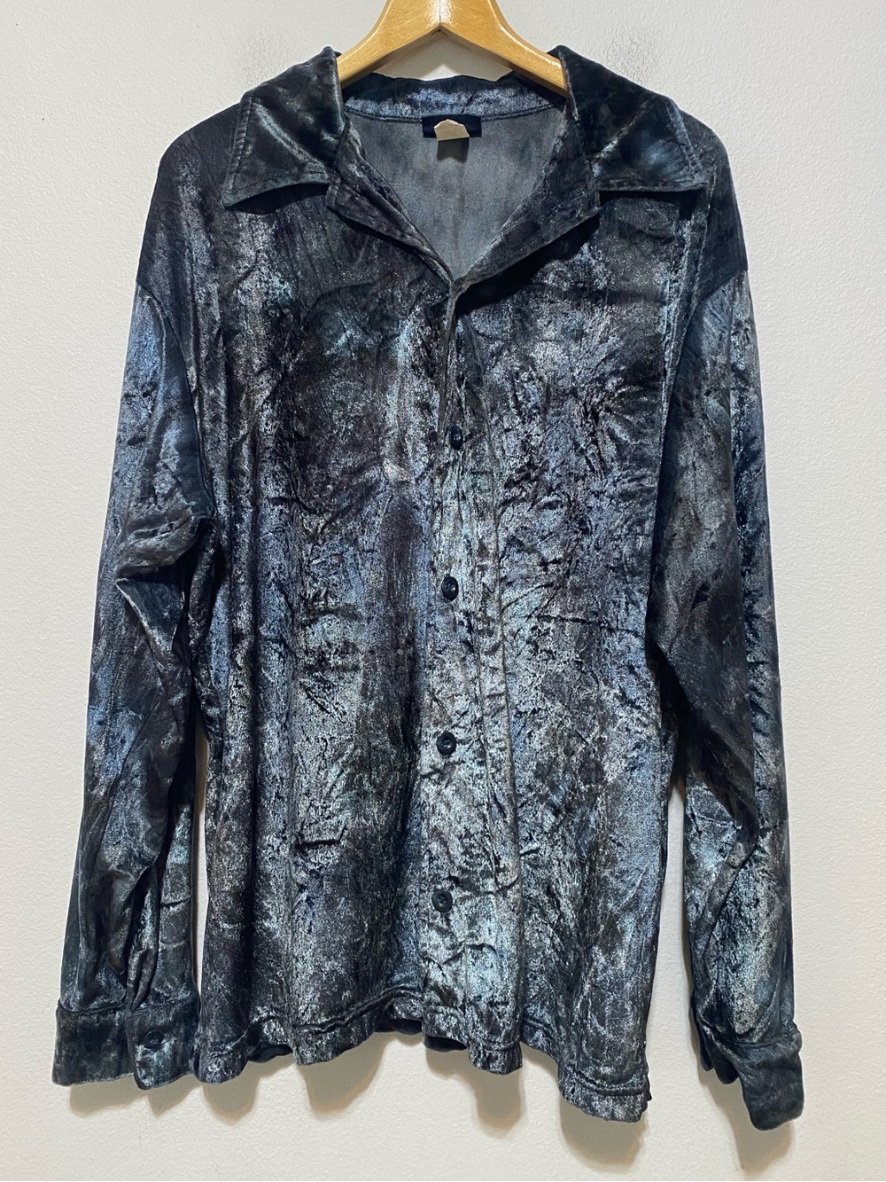 Vintage 90s Hoax Shirt Velour Disco Rave Psychedelic Button Up Party Y2K Blue